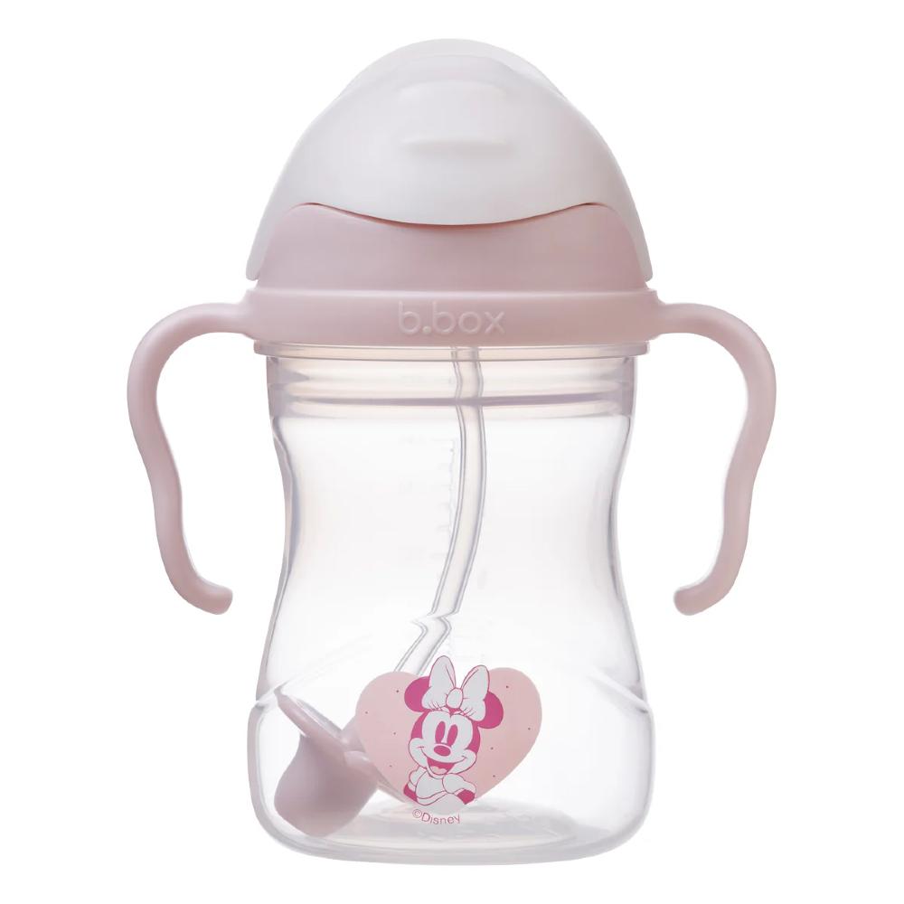 Pink sippy cup with Minnie Mouse design on a white background