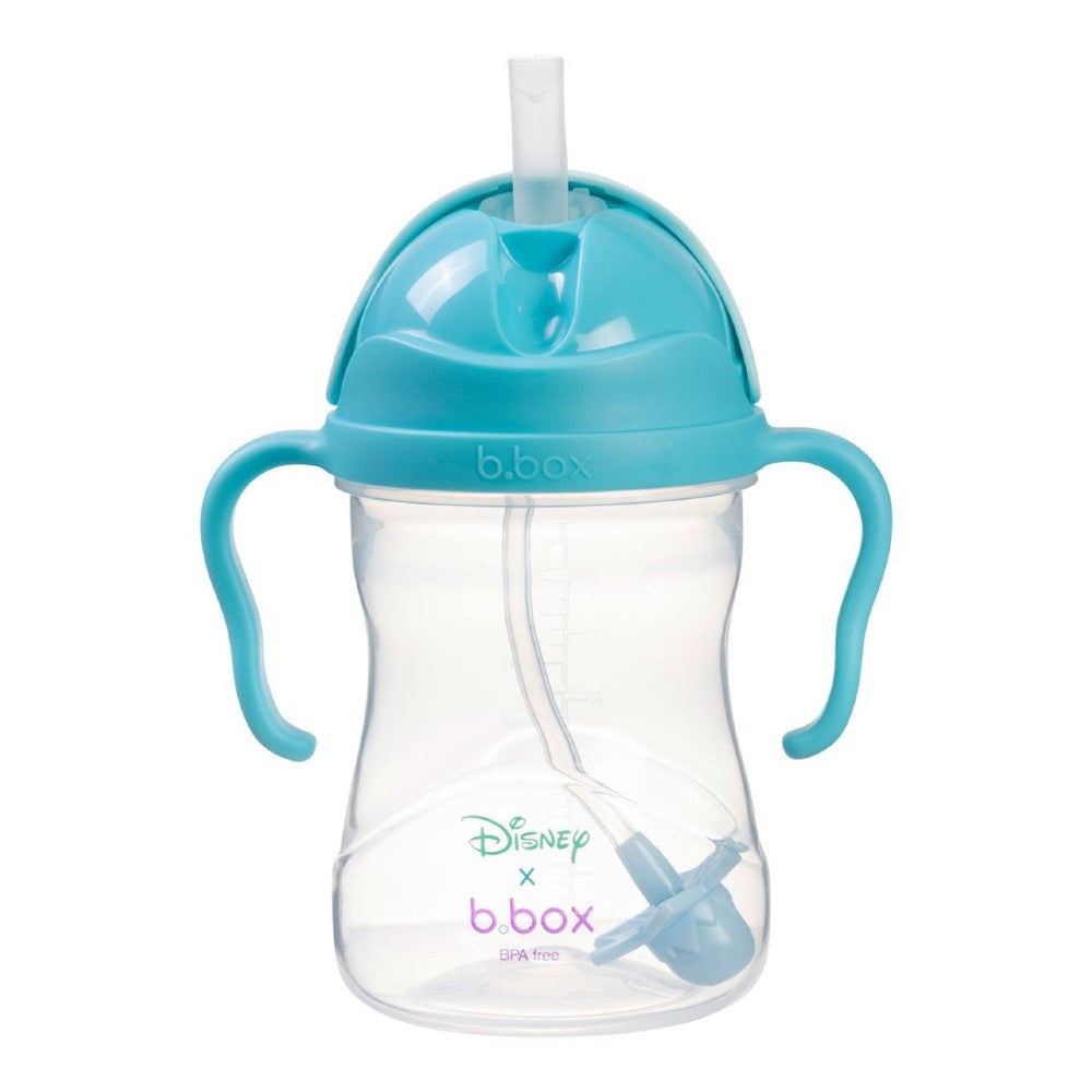 Blue sippy cup with straw and handles on a white background