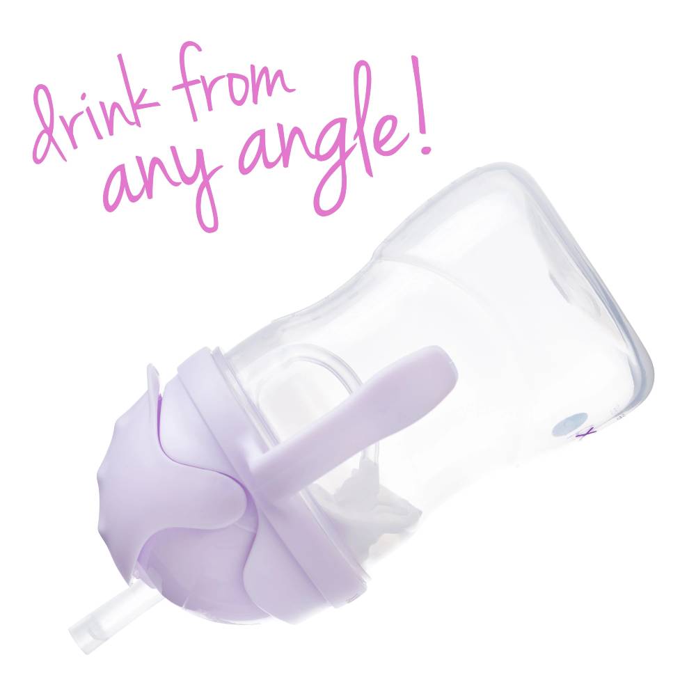 Clear tumbler with purple lid and straw on a white background, featuring text 'drink from any angle!'.
