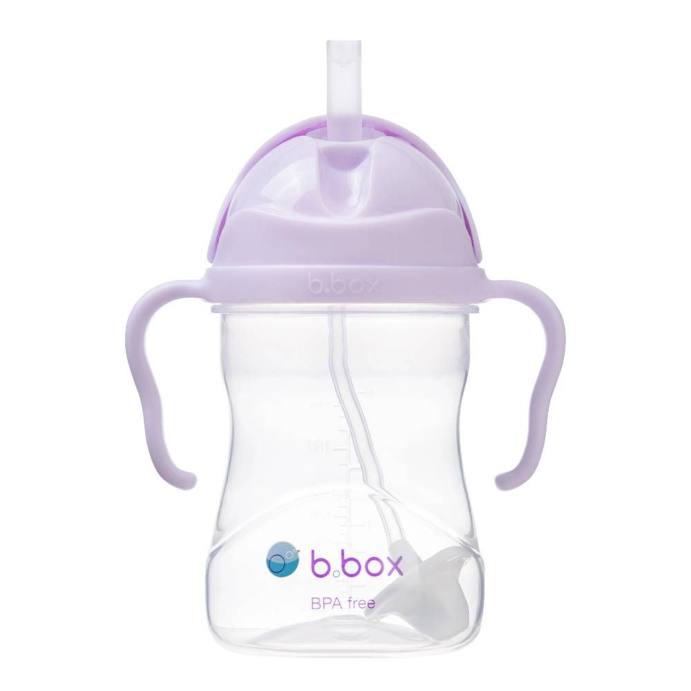 Purple sippy cup with straw and handles on a white background, featuring the b.box logo.