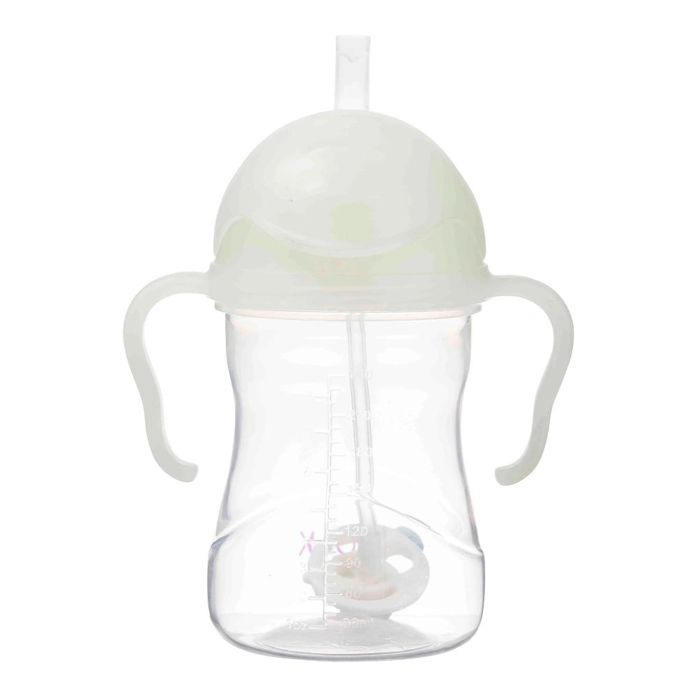 Clear sippy cup with glow white lid and handles on a white background
