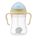 Clear sippy cup with blue lid and beige handles featuring a cartoon character on a white background