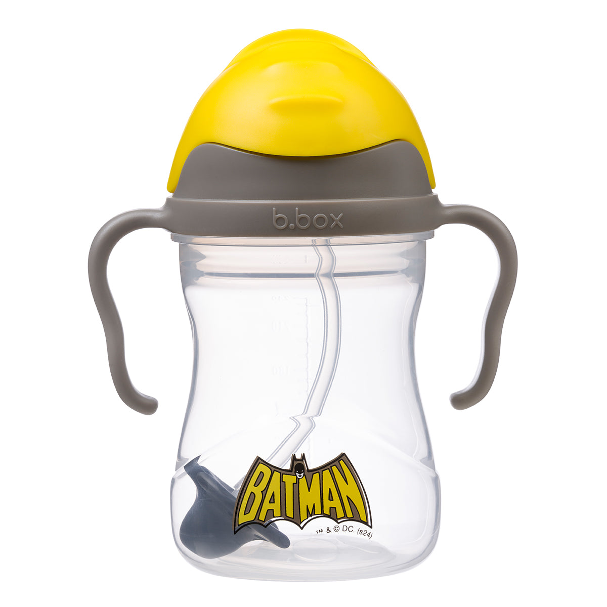 Batman-themed sippy cup with yellow lid and gray handles on a white background