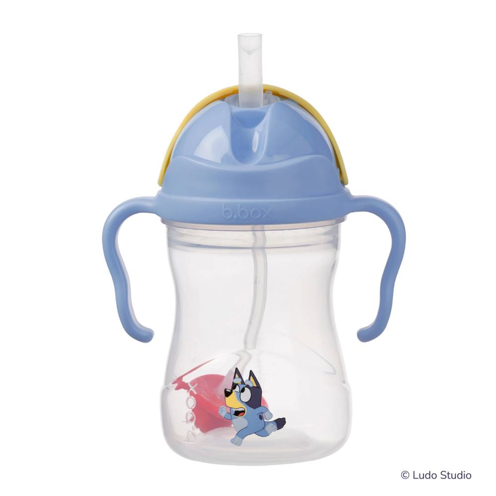 Children's sippy cup with Bluey cartoon character design on a white background