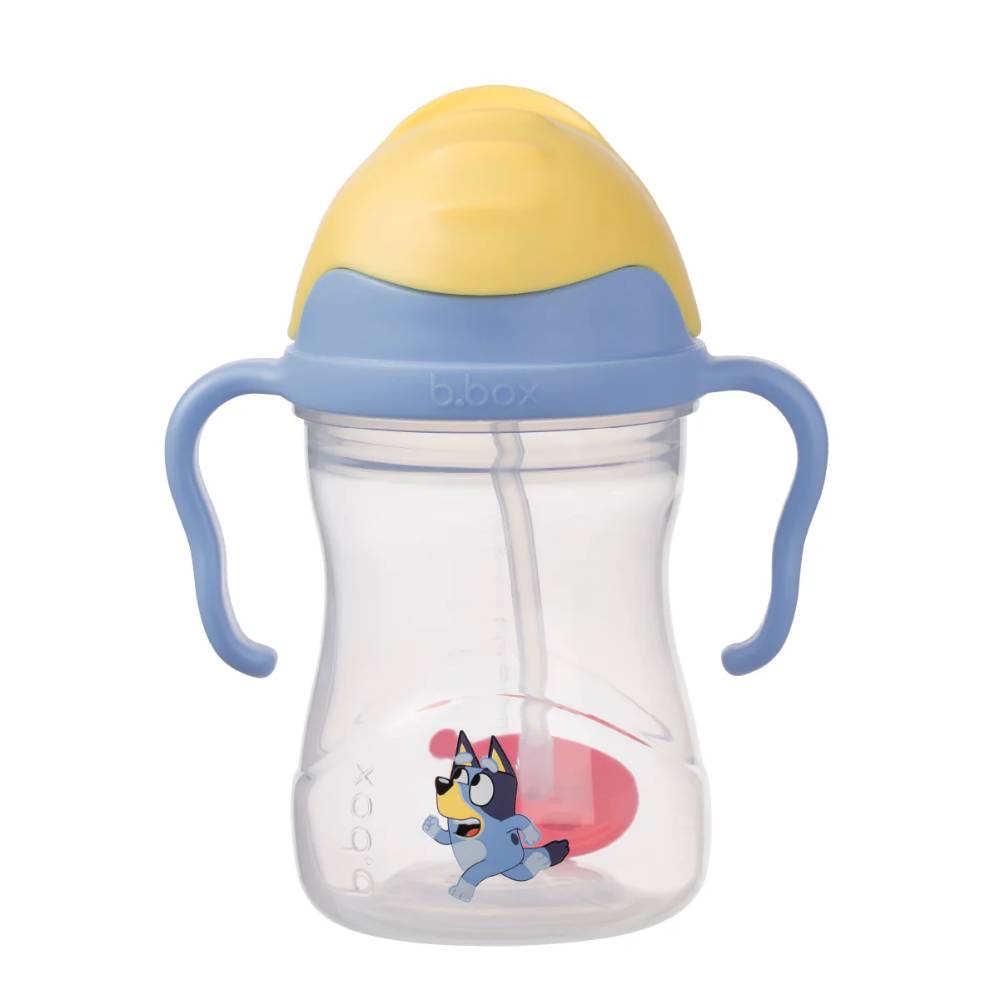 Bluey Clear sippy cup with blue handle and yellow lid on a white background
