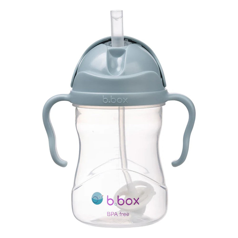 Clear sippy cup with blue lid and handles on a white background
