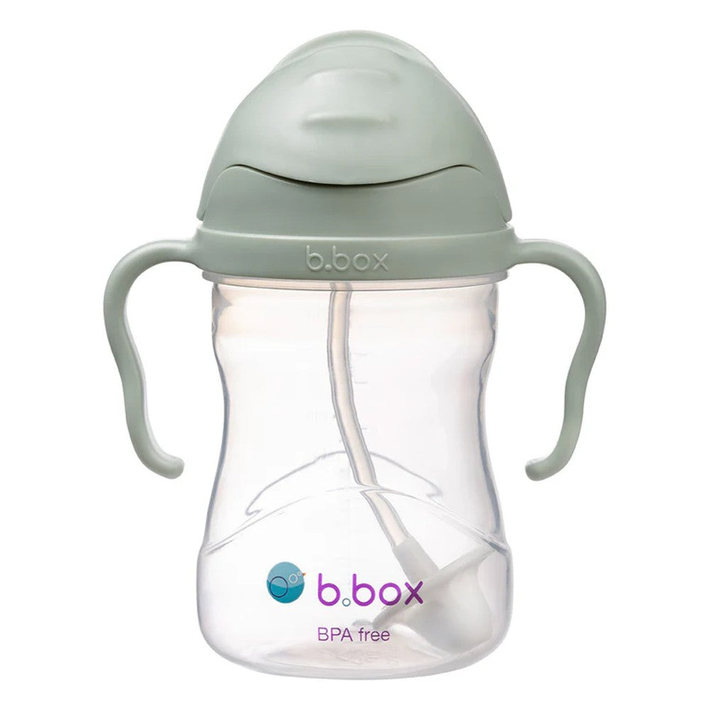 Sippy cup with green lid and handles on a white background, featuring the b.box logo.