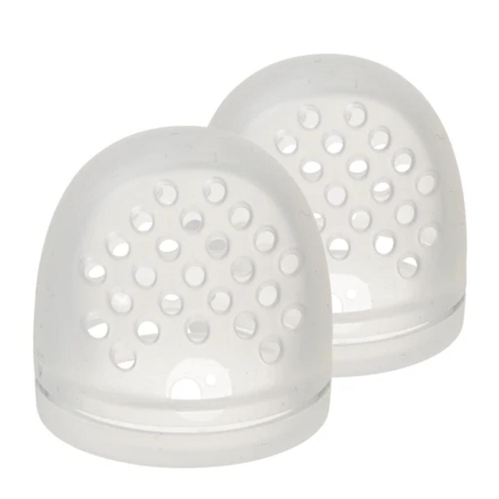 Two white silicone replacement pouches with holes on a white background