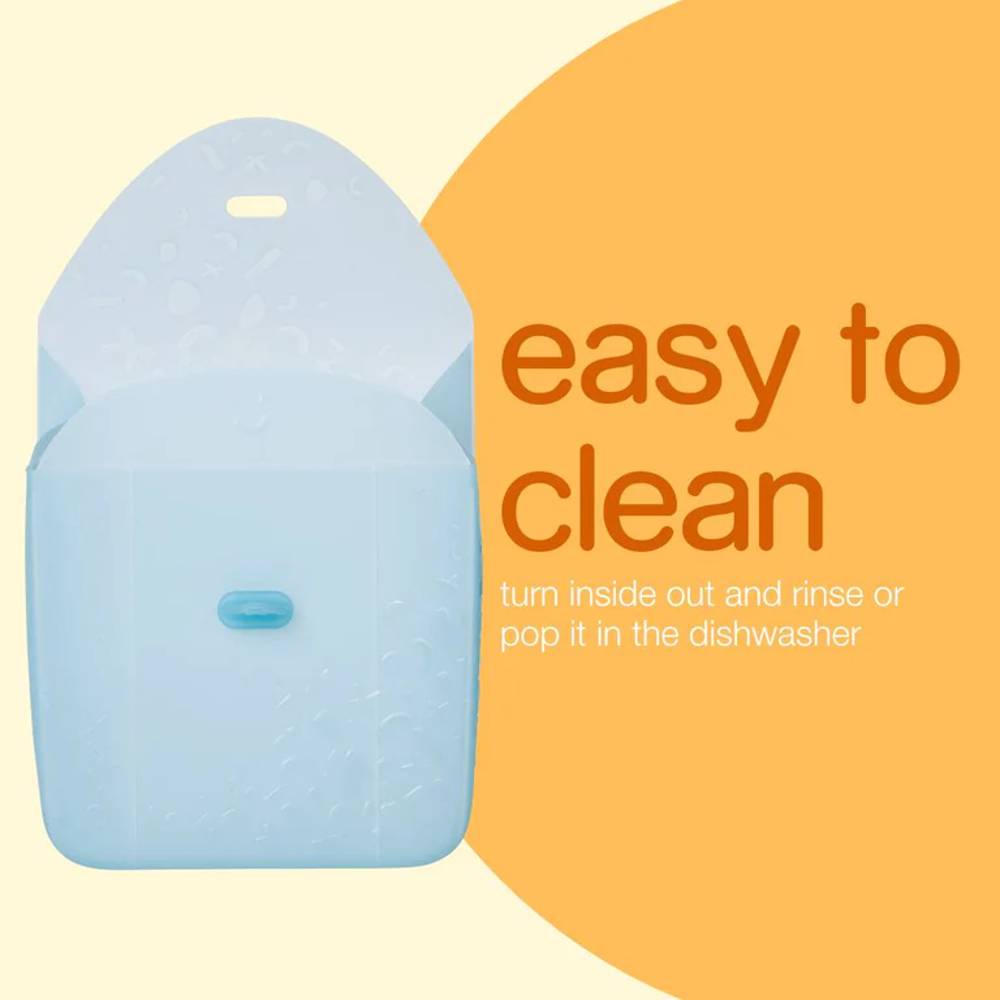 Blue pouch with text on cleaning instructions on an orange background