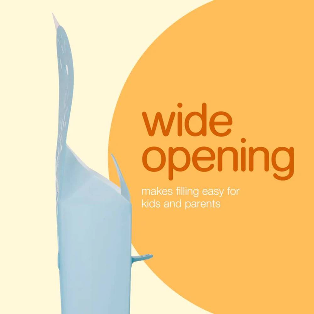 Product packaging with 'wide opening' text on an orange and beige background
