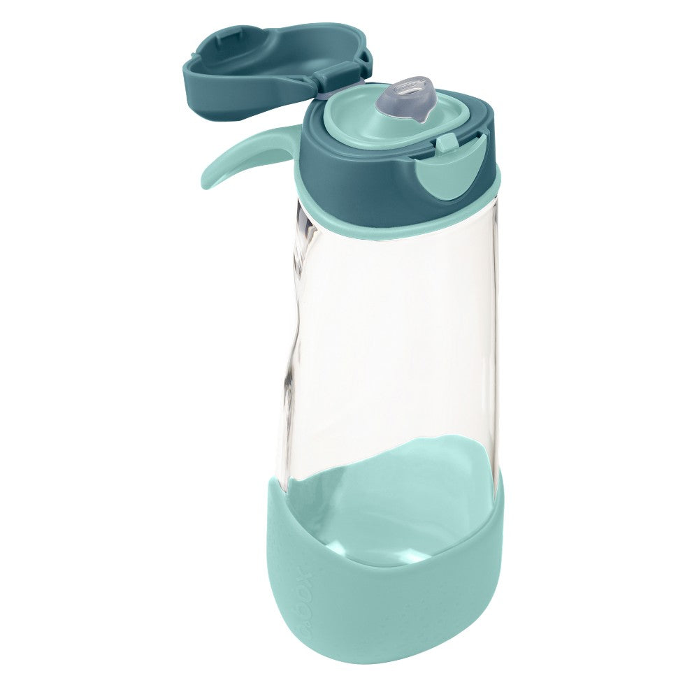 A clear plastic water bottle with a teal flip-top lid, carrying loop, and silicone base sleeve, shown on a plain white background.