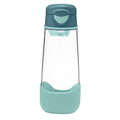 A clear plastic water bottle with a teal flip-top lid and a matching teal protective base sleeve, shown on a plain white background.