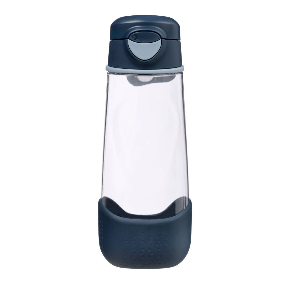 A clear plastic water bottle with a dark navy blue flip-top lid and matching navy blue silicone base sleeve, shown on a plain white background.