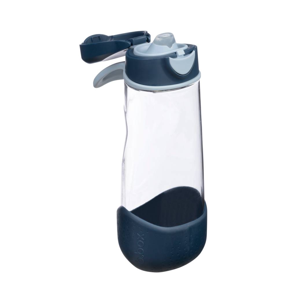 A clear plastic water bottle with a dark navy blue flip-top lid and a matching navy blue silicone grip sleeve at the base, shown on a plain white background.