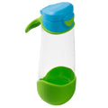 Clear water bottle with blue and green lid and base on a white background