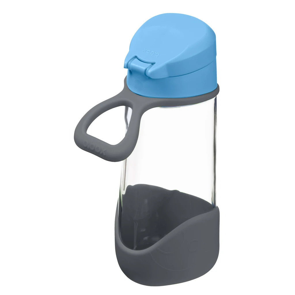 Clear water bottle with blue cap and gray base on a white background