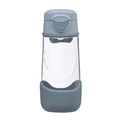 A clear plastic water bottle with a dusty blue grey flip-top lid and a matching dusty blue protective silicone sleeve at the bottom, shown on a plain white background.