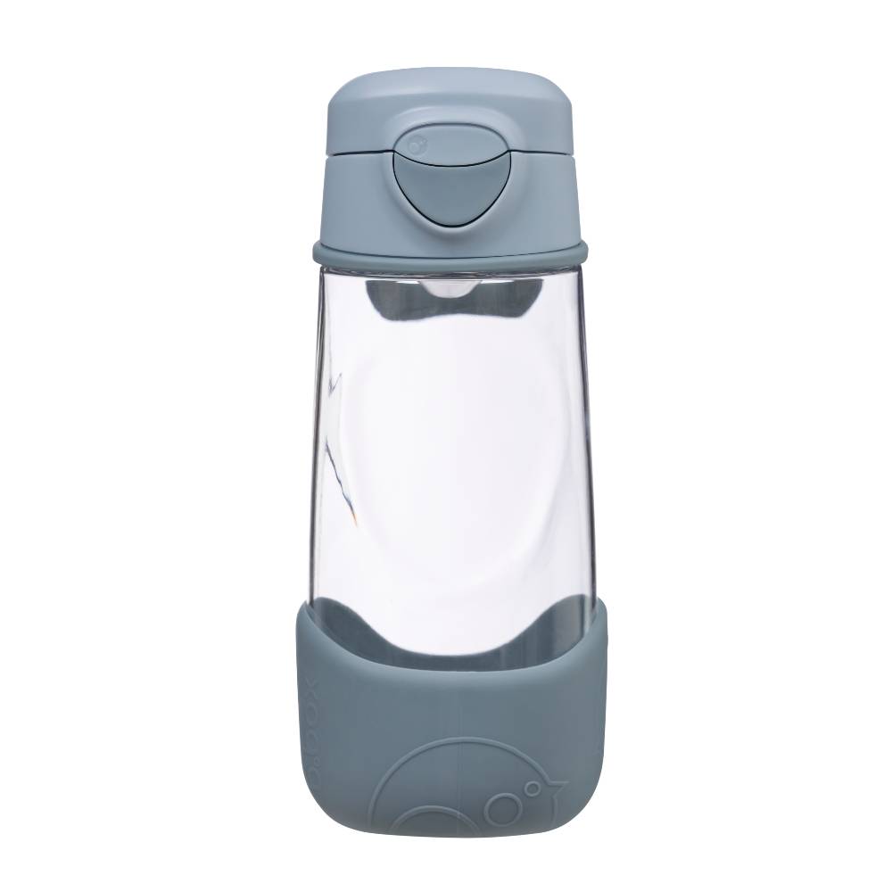 A clear plastic water bottle with a dusty blue grey flip-top lid and a matching dusty blue protective silicone sleeve at the bottom, shown on a plain white background.
