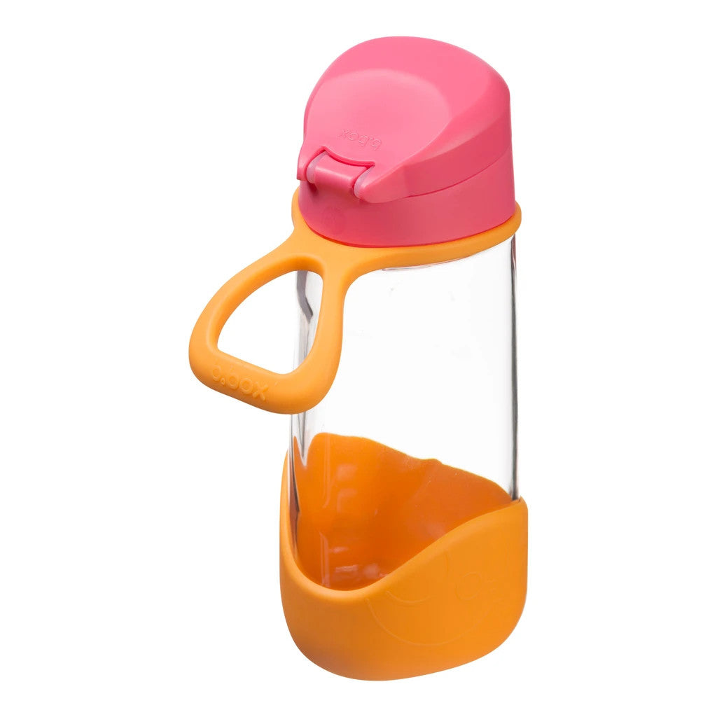 Pink and orange water bottle with handle on a white background