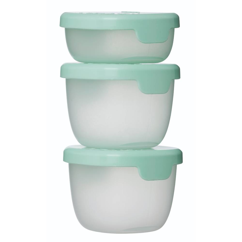 Three stacked food containers with green lids on a white background