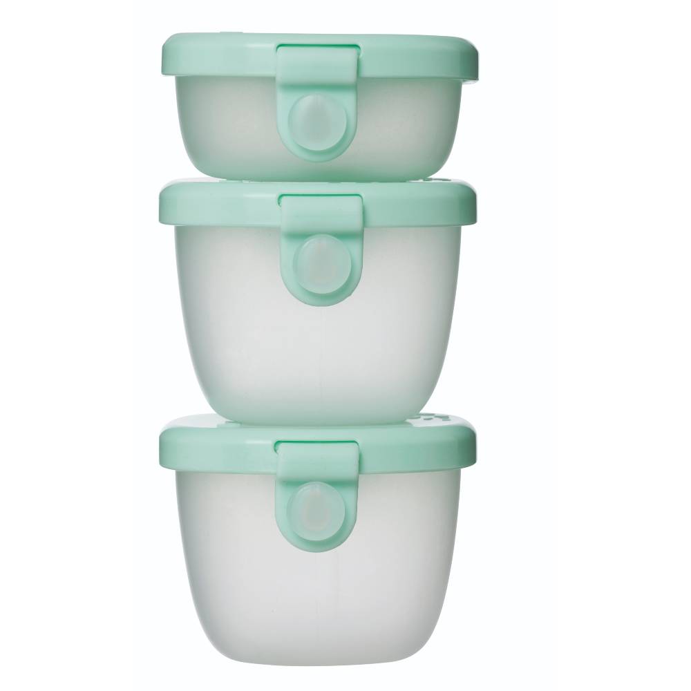 Set of three stacked food containers with green lids on a white background