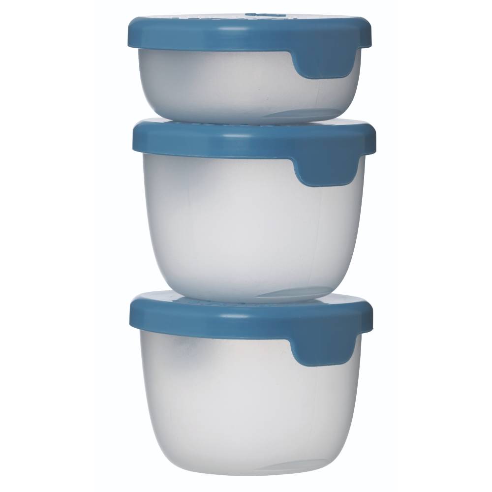 Three stacked food containers with blue lids on a white background