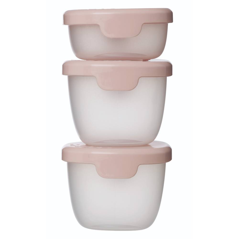 Three stacked containers with pink lids on a white background