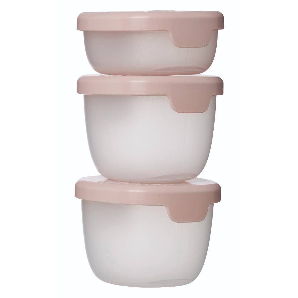 Three stacked snack tubs with pink lids on a white background