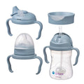 Set of sippy cups and lids with blue and clear design on a white background