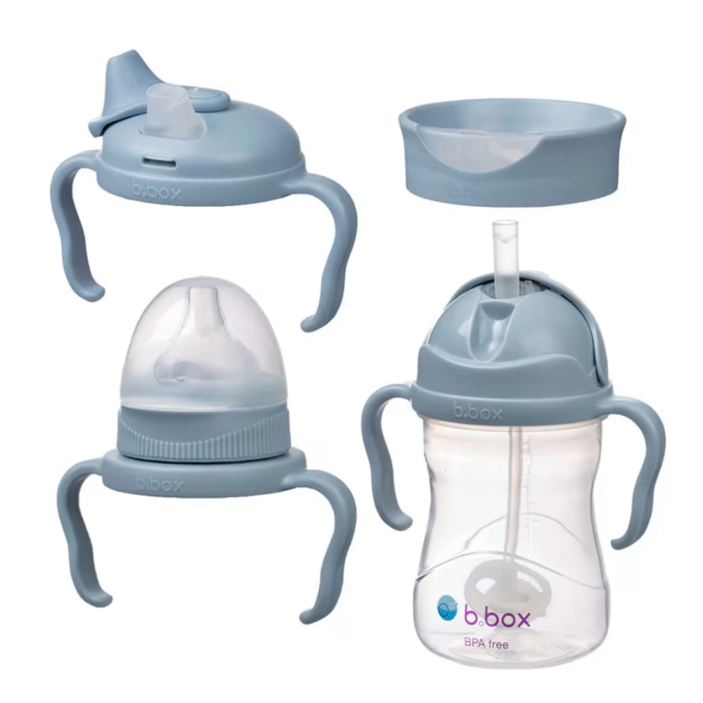Set of sippy cups and lids with blue and clear design on a white background
