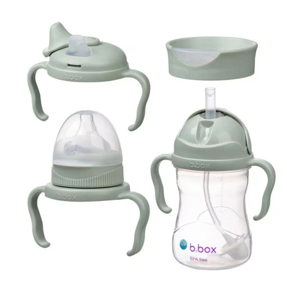 Set of sippy cups and interchangeable lids with various features on a white background