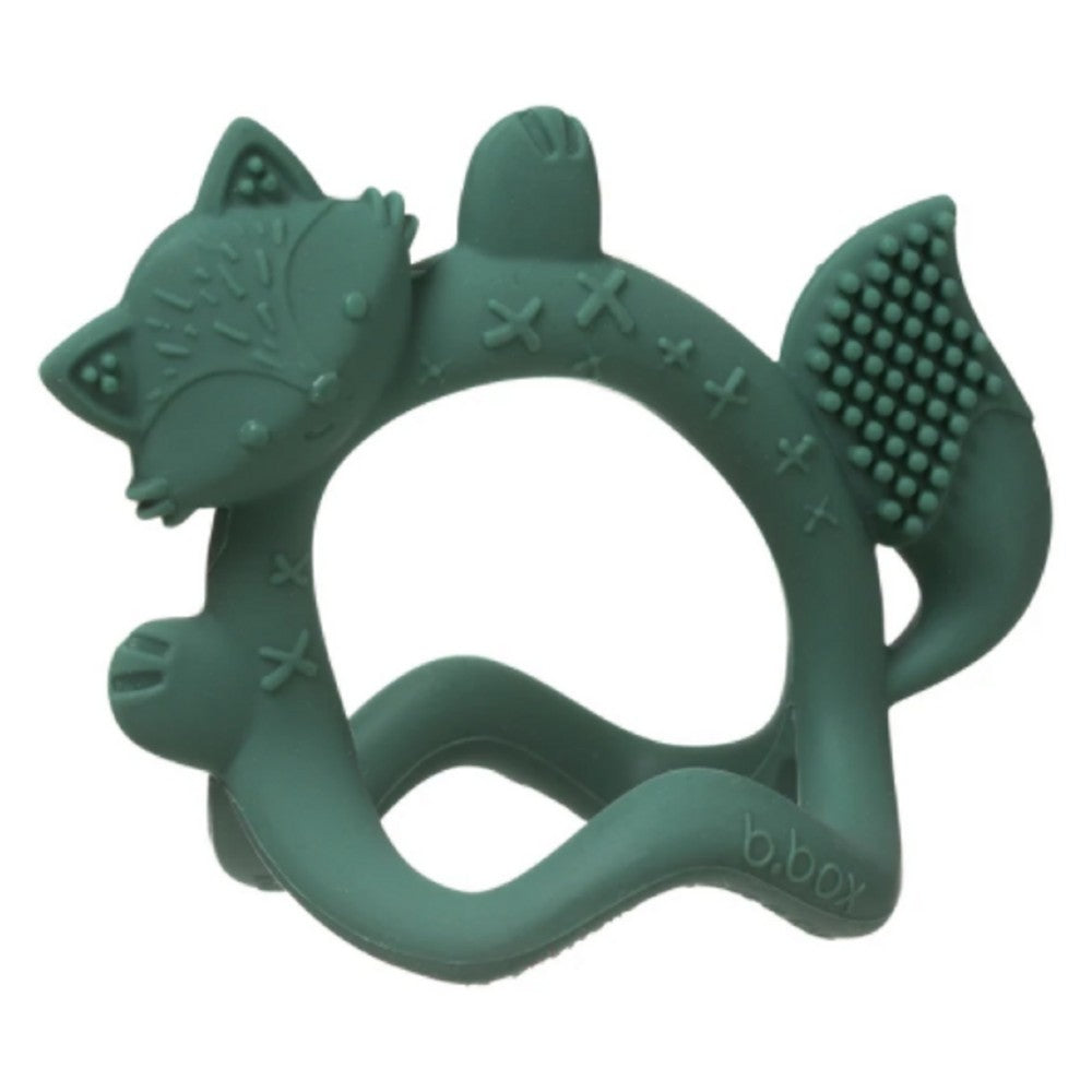 Green fox-shaped teething ring on a white background