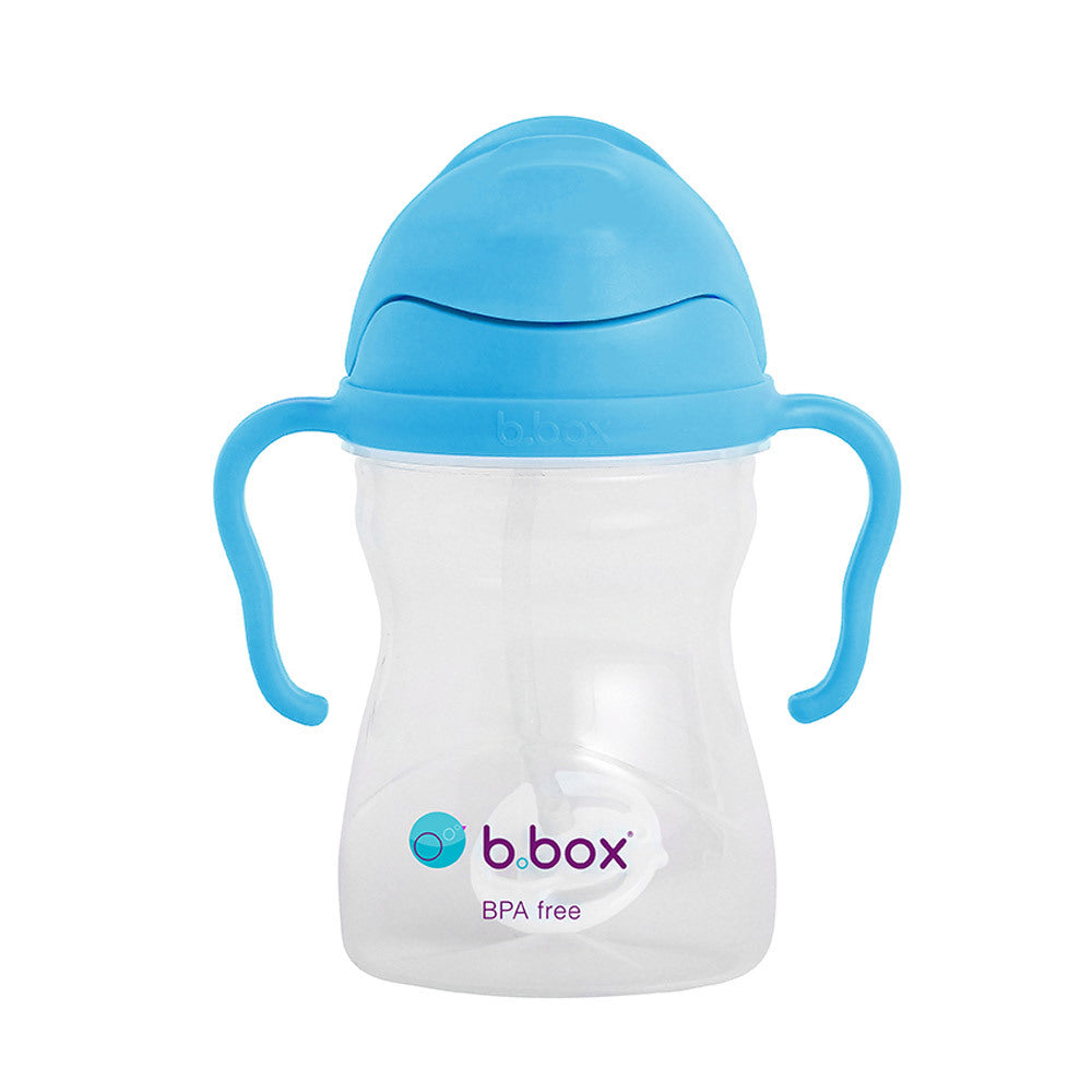 BPA-free baby sippy cup with blue lid and handles on a white background