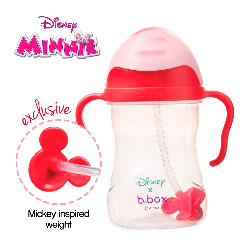 Disney Minnie Mouse themed sippy cup with red handle and straw on a white background