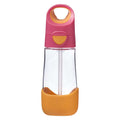 Clear water bottle with pink and orange accents on a white background