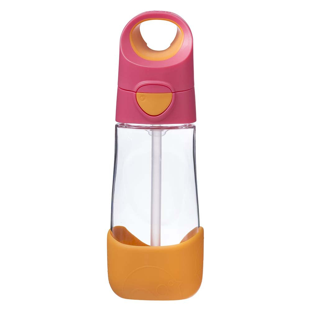 Clear water bottle with pink and orange accents on a white background