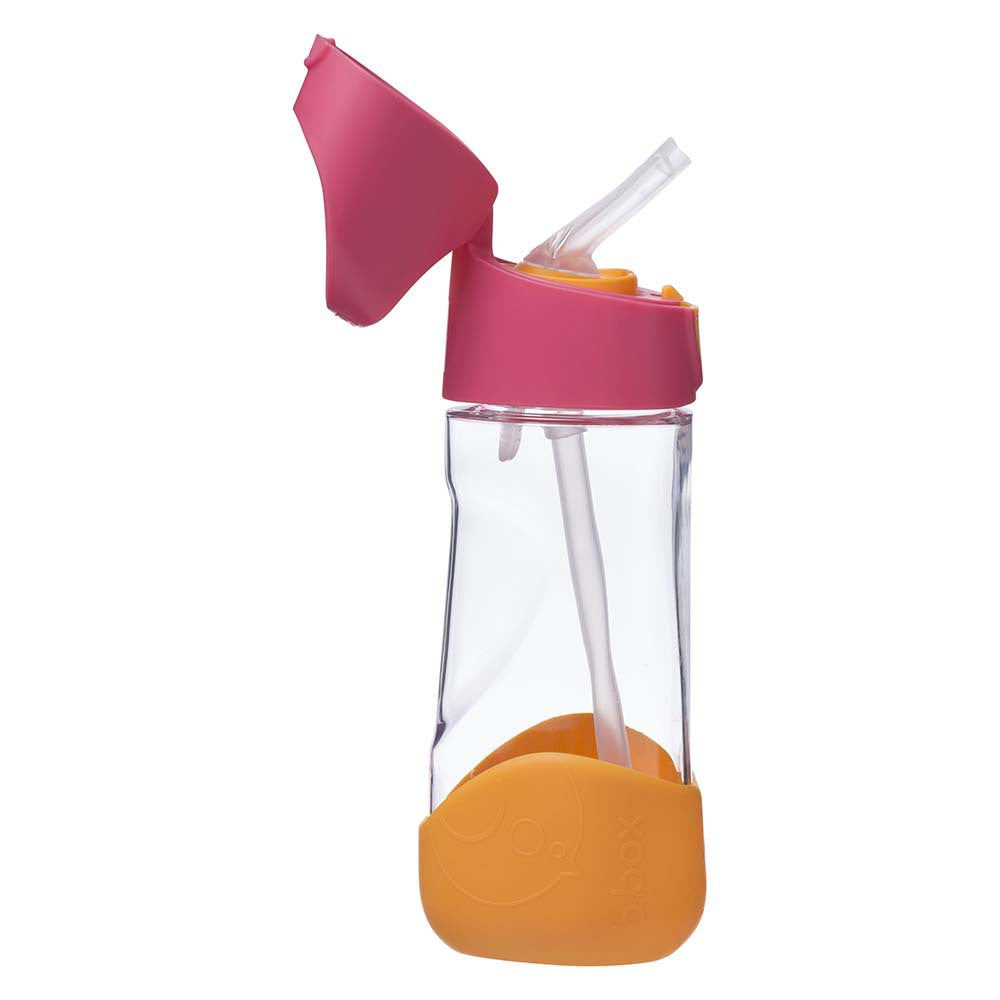 Clear water bottle with pink cap and orange base on a white background