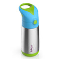 Children's stainless steel water bottle with blue and green accents on a white background