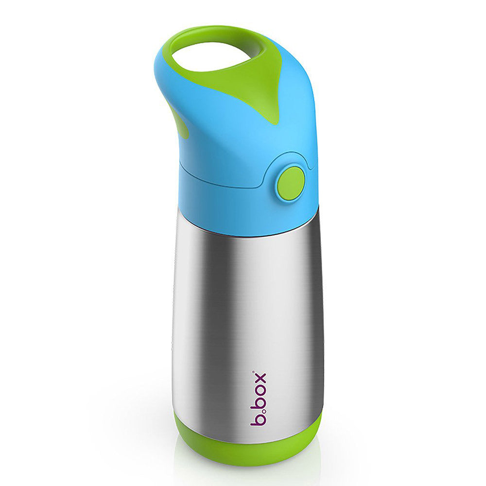 Children's stainless steel water bottle with blue and green accents on a white background