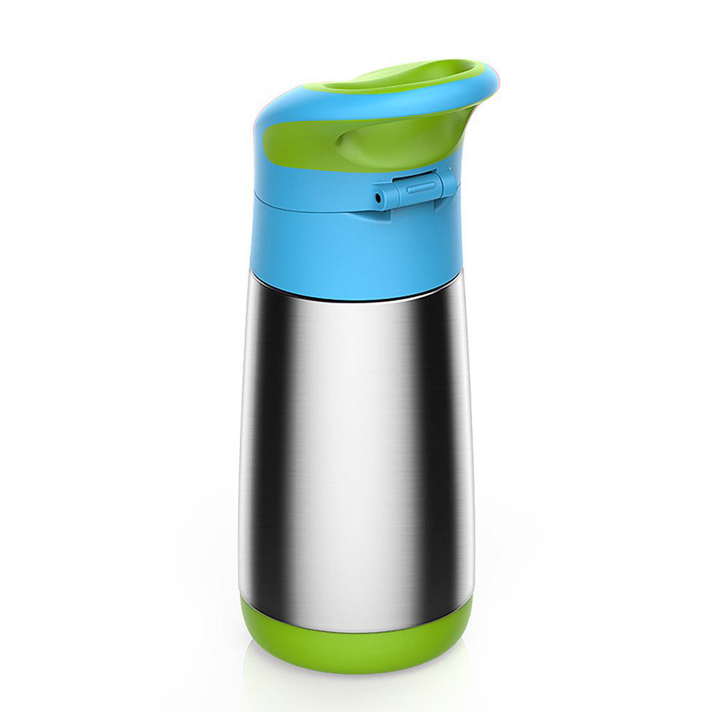 Stainless steel water bottle with blue and green lid on a white background