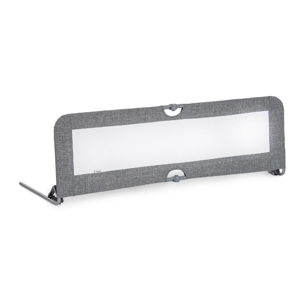 Gray fabric baby bed rail on a white background