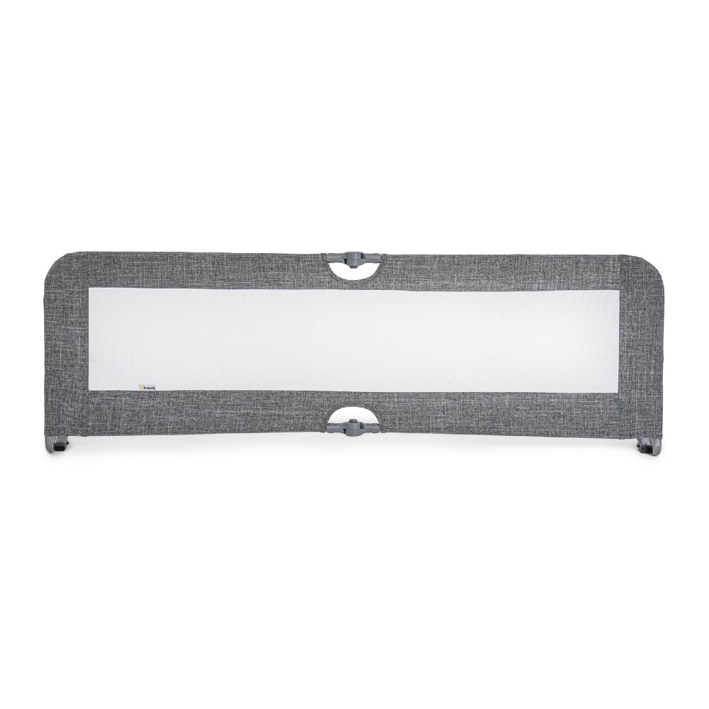 Gray fabric baby bed barrier with white mesh on a white background