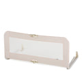 Beige baby crib safety rail with white padding on a white background