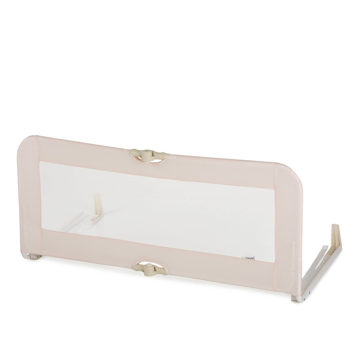 Beige baby crib safety rail with white padding on a white background