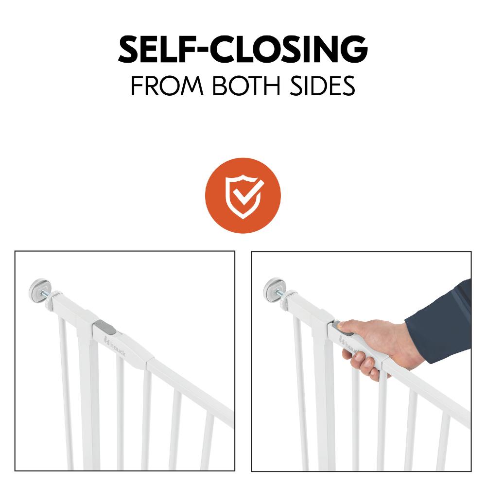 Stair gate with text 'Self-Closing from Both Sides' and a hand demonstrating the feature.