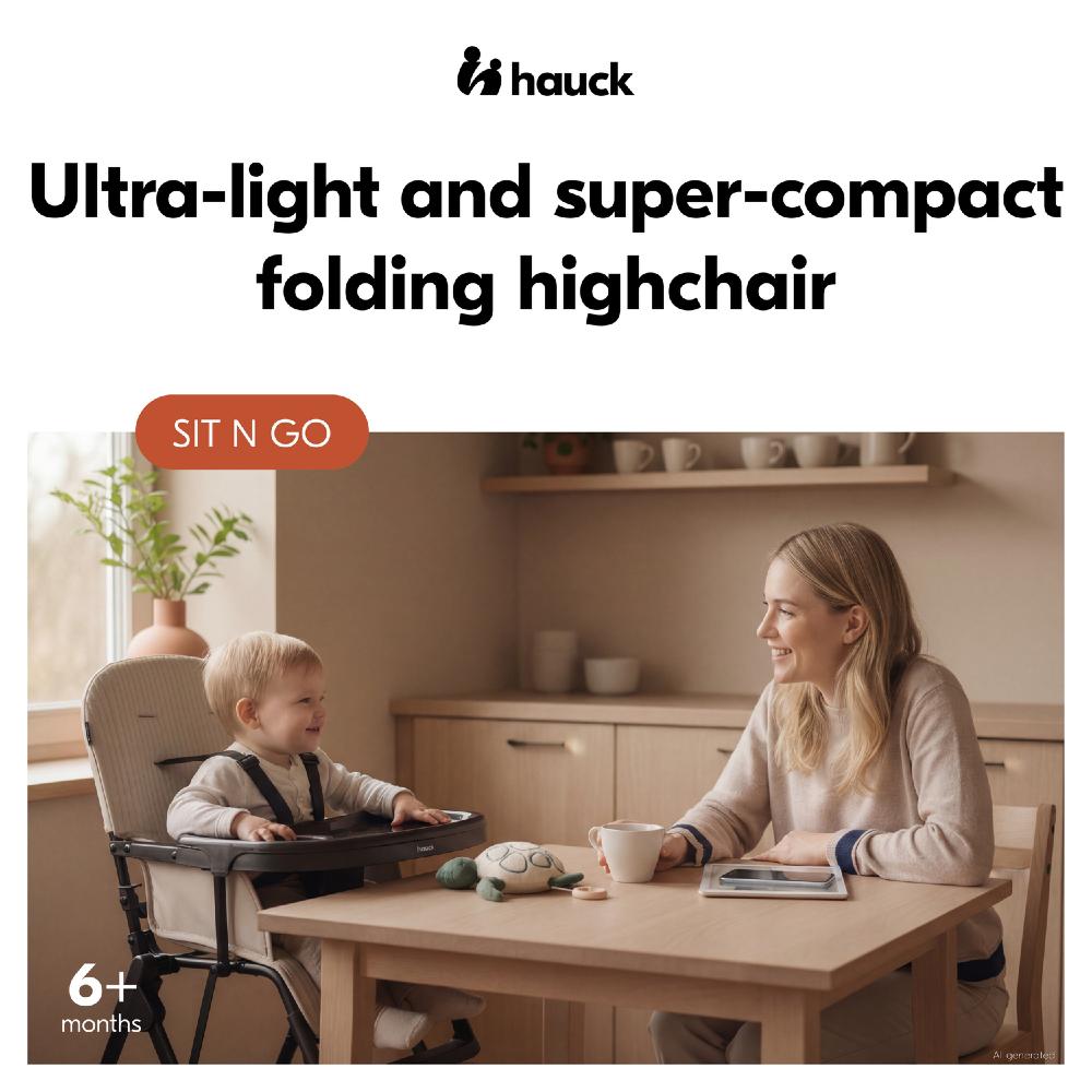 Woman and child using a Hauck folding highchair in a kitchen setting.
