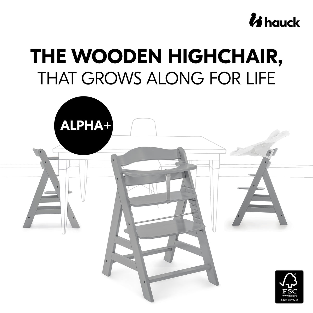 Hauck wooden highchair with text 'The Wooden Highchair, That Grows Along for Life' on a white background