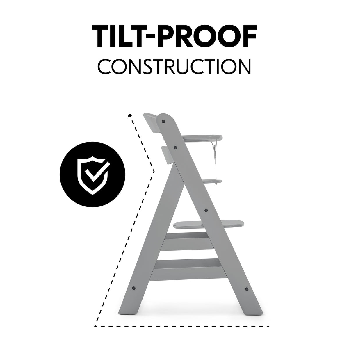 Gray high chair with 'Tilt-Proof Construction' text and icon on a white background