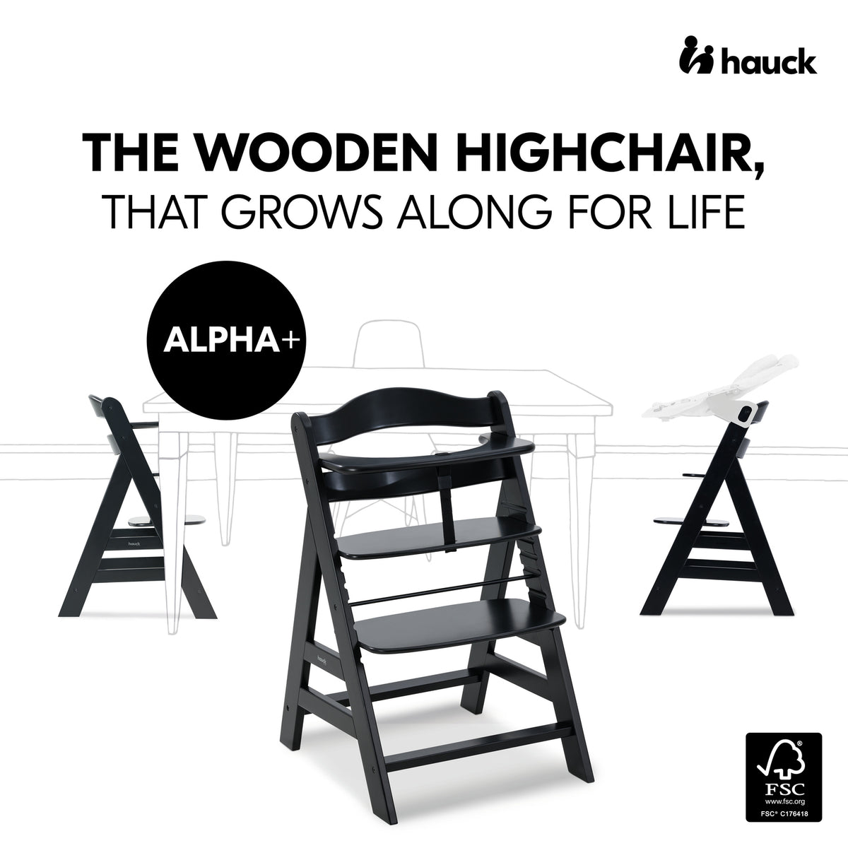 Black wooden highchair with text 'The Wooden Highchair, That Grows Along for Life' and 'Alpha+' on a white background.