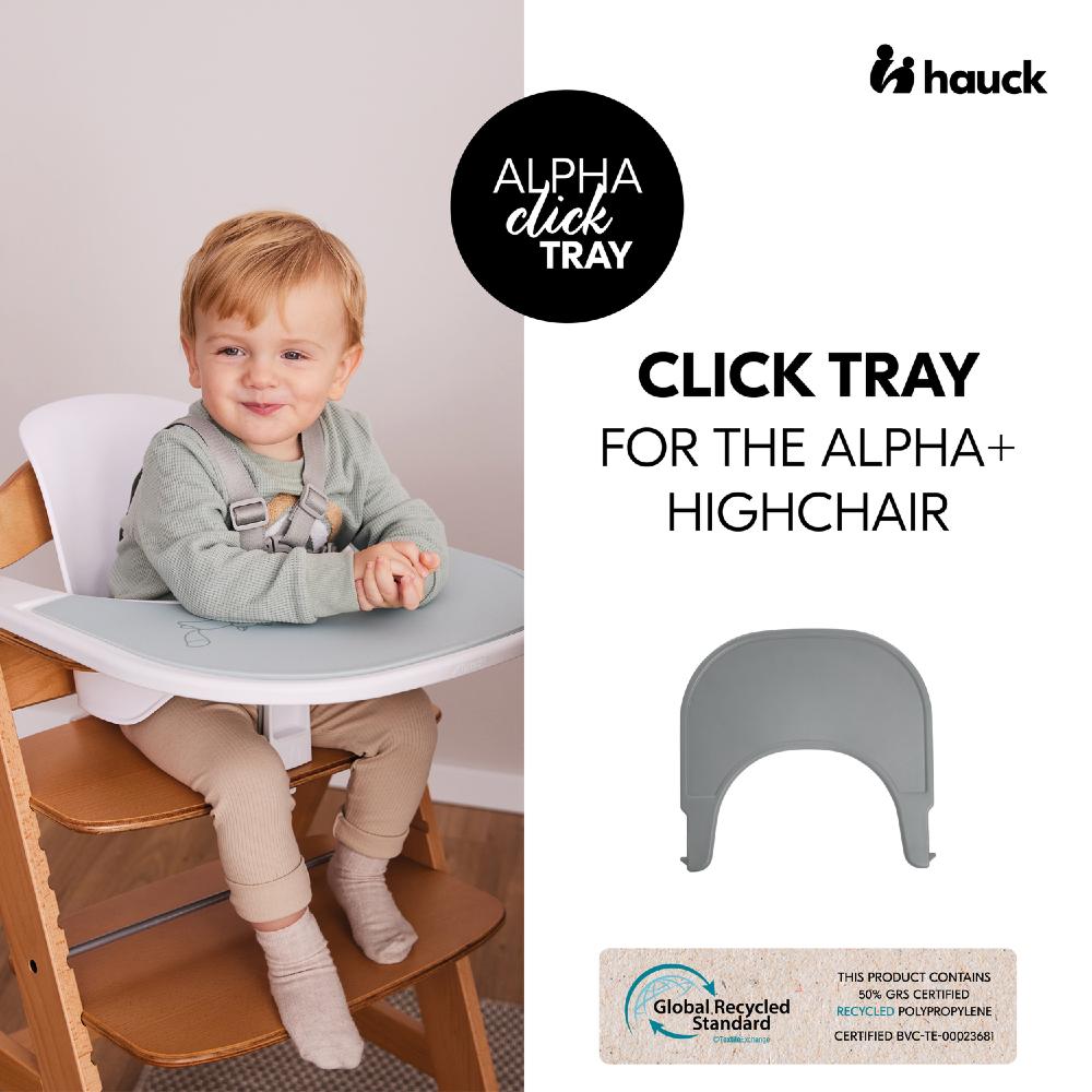 Child sitting in a highchair with Alpha Click Tray and Hauck branding.